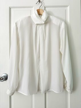 Vintage Christian Dior White High Neck Blouse Button Back Victorian Size 8